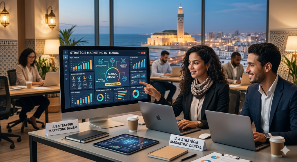utilisation de l’IA en marketing digital au Maroc. Une photo d'un bureau moderne et lumineux au crépuscule, donnant sur la mosquée Hassan II à Casablanca. Deux professionnels marocains, un homme et une femme, sont assis à une table et regardent un grand écran d'ordinateur. La femme pointe du doigt le moniteur qui affiche un tableau de bord analytique complexe intitulé « STRATÉGIE MARKETING IA - MAROC » avec des sections comme « CROISSANCE DU MAROC » et « UTILISATION DE L'IA ». L'homme à ses côtés sourit. D'autres collègues travaillent en arrière-plan. Sur la table, on voit des ordinateurs portables, une tablette affichant des données et des pancartes avec le texte « IA & STRATÉGIE MARKETING DIGITAL ». L'atmosphère est professionnelle et technologique.