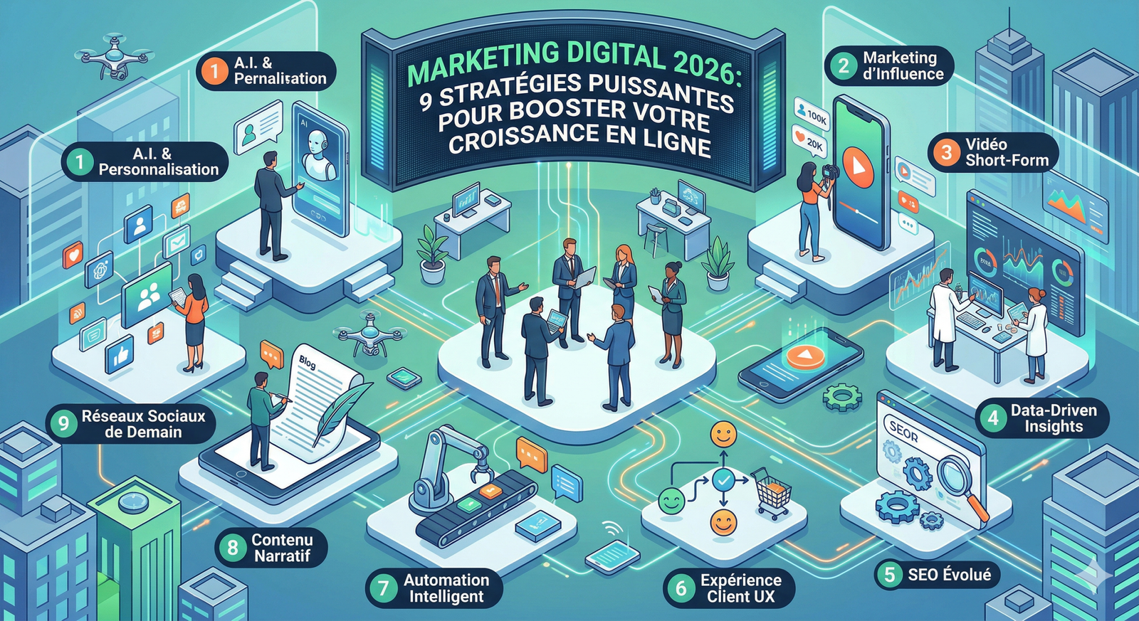 Infographie illustrant 9 stratégies de marketing digital pour 2026 : I.A. et personnalisation, marketing d'influence, vidéo short-form, data-driven insights, SEO évolué, expérience client UX, automation intelligent, contenu narratif et réseaux sociaux de demain.