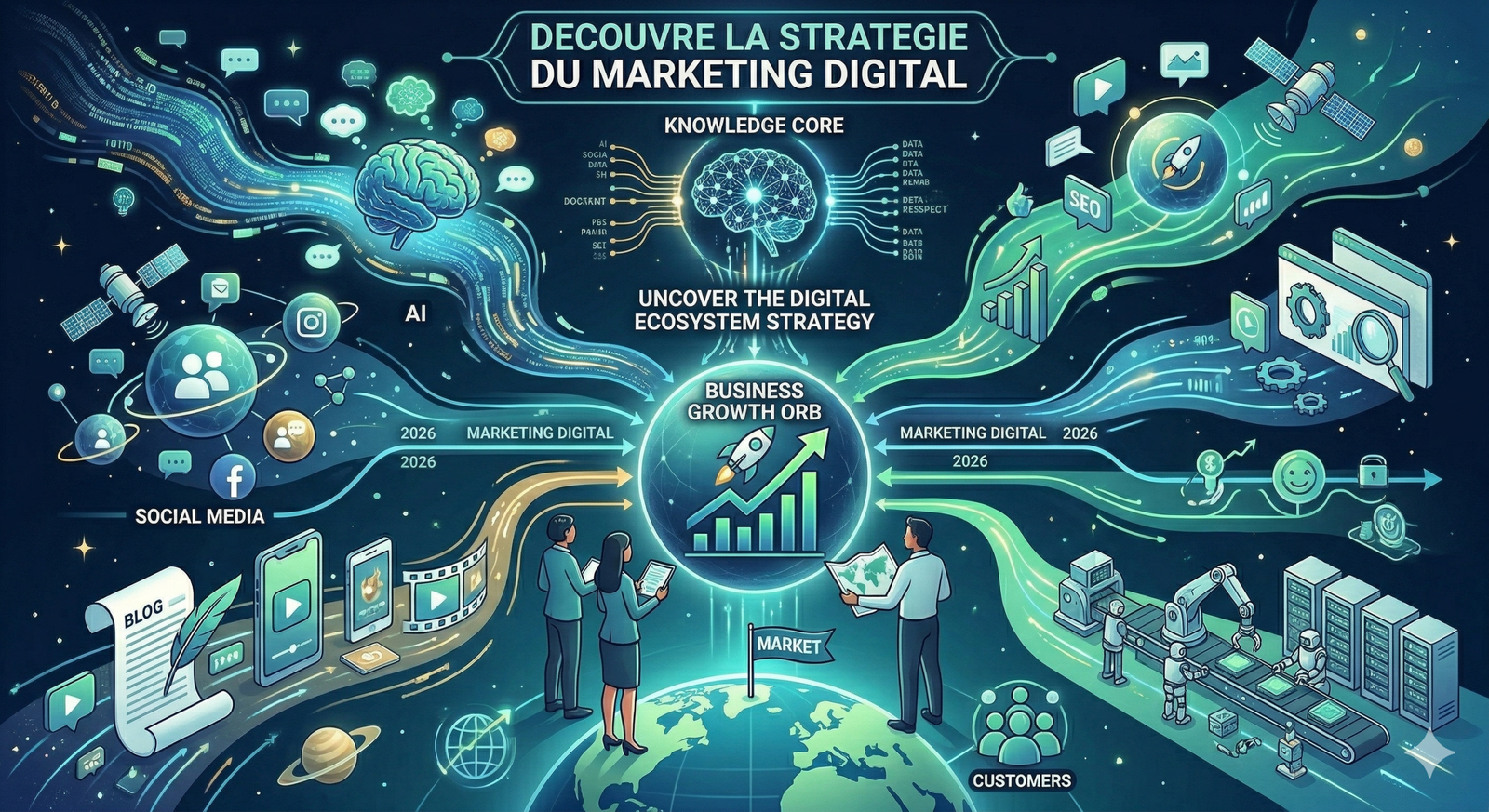Infographie de l'écosystème de stratégie marketing digital 2026 : IA, Social Media, SEO, Contenu et Clients.