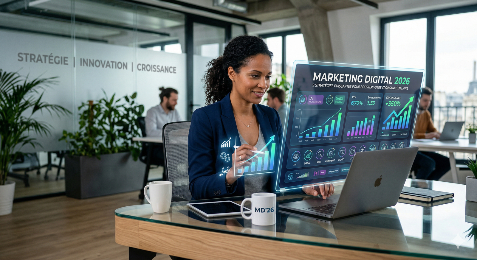 Experte marketing analysant un tableau de bord en réalité augmentée "Marketing Digital 2026".