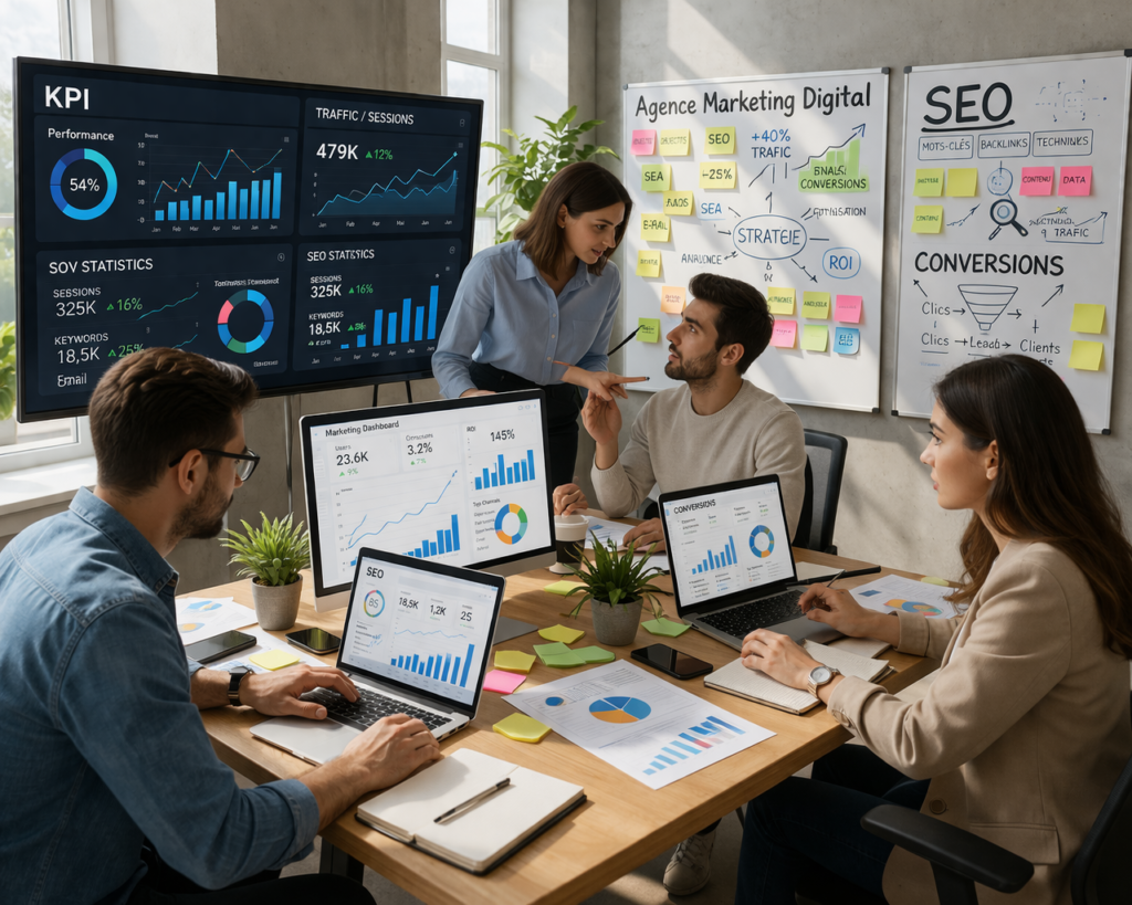 Une équipe de professionnels du marketing digital pour pme dans un bureau moderne et lumineux.